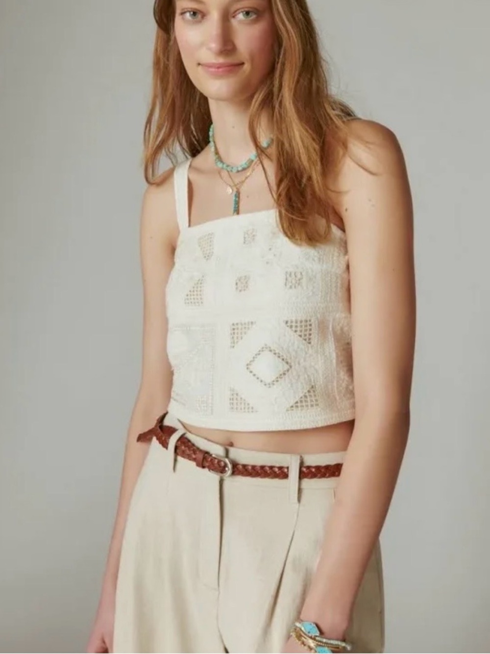 Lucky Brand Women’s Cream Crochet Square-Pattern Crop Top